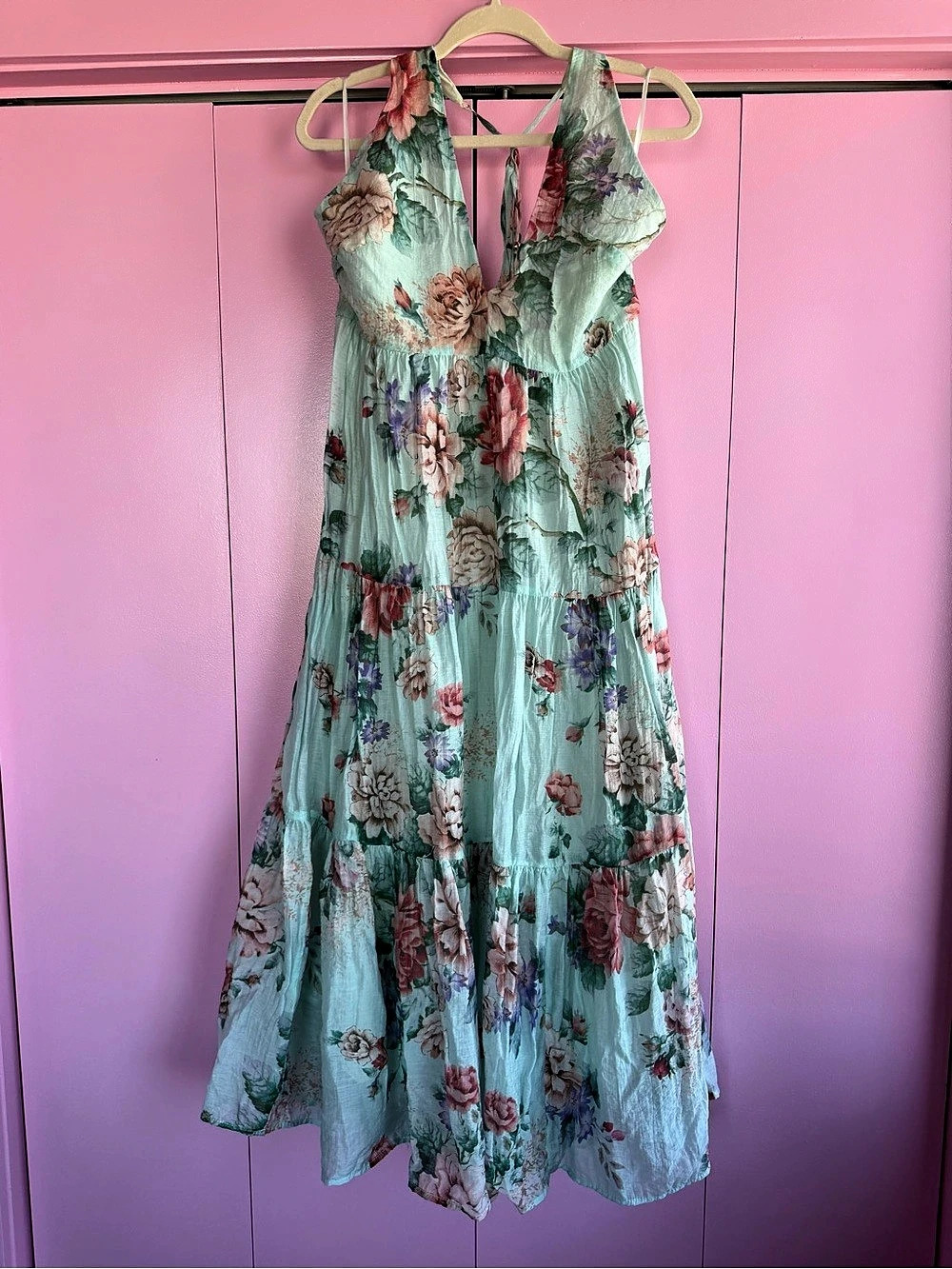 SHEIN X Alice McCall Mint Green Floral Halter Tiered Maxi Sundress Size Large